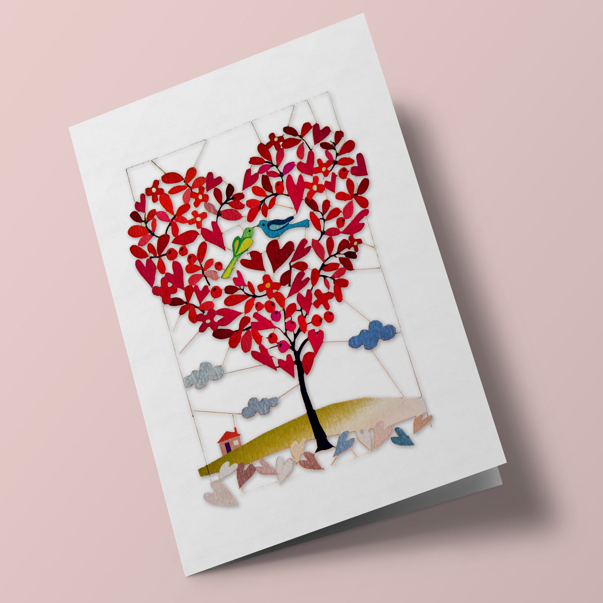 Carte découpée - Oiseaux dans un arbre en forme de cœur