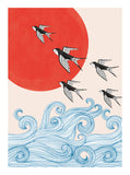 Sakura Heights - Swallows flying over the sea and red moon